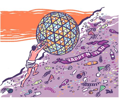 A man pushes a glitterball up a mountain