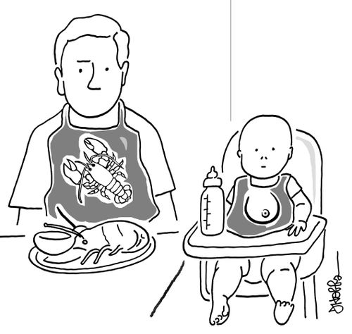 A man and his baby are wearing bibs with images of what they are eating.