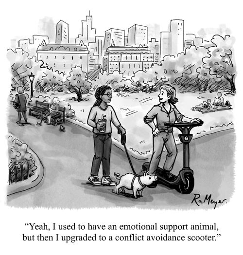 "Yeah, I used to have an emotional support animal, but then I upgraded to a conflict avoidance scooter."