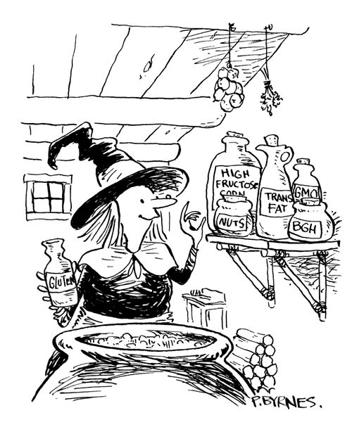Witch making a brew with Gluten, Nuts, Trans Fats, BGH, GMOs...