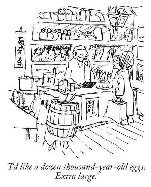 "I'd like a dozen thousand-year-old-eggs. Extra large."