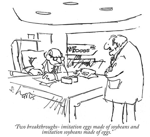 "Imitation eggs made of soybeans and imitation soybeans made of eggs."