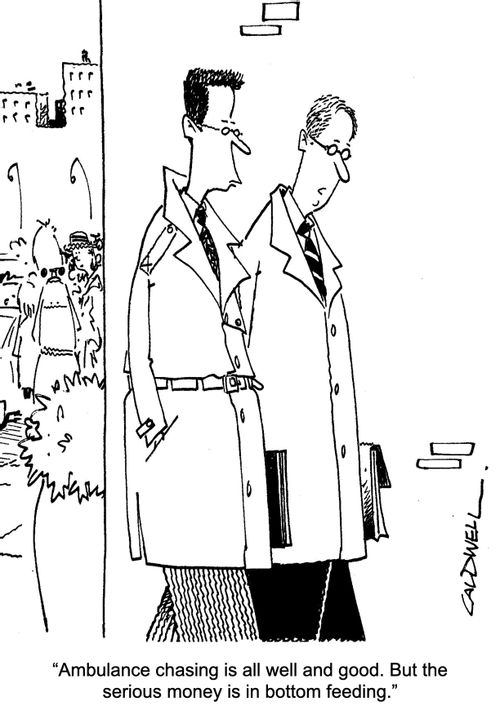 "Ambulance chasing is all well and good. But the serious money is in bottom feeding."