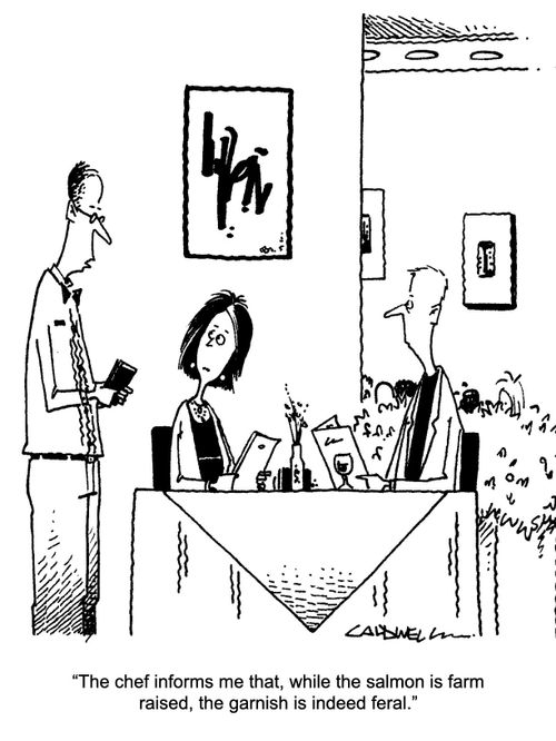 "The chef informs me that, while the salmon is farm raised, the garnish is indeed feral."