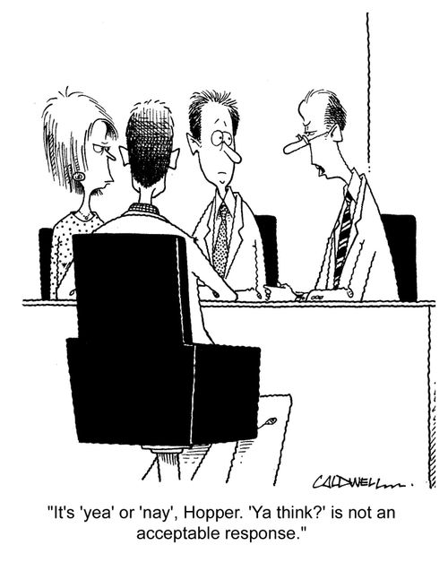 "It's 'yea' or 'nay', Hopper. 'Ya think?' is not an acceptable response."