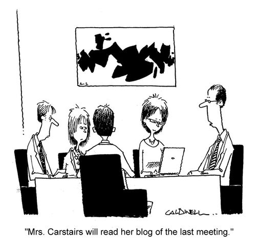 "Mrs. Carstairs will read her blog of the last meeting."
