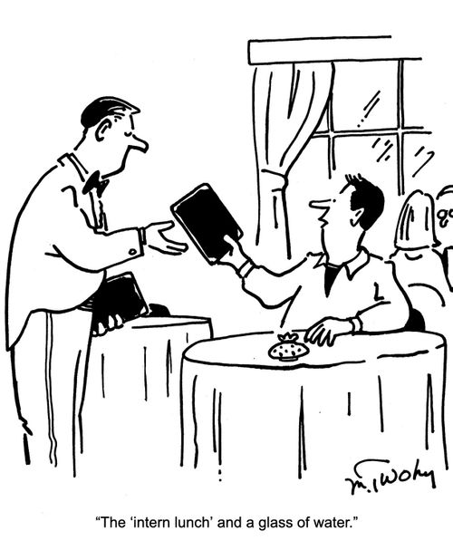 "The 'intern lunch' and a glass of water."