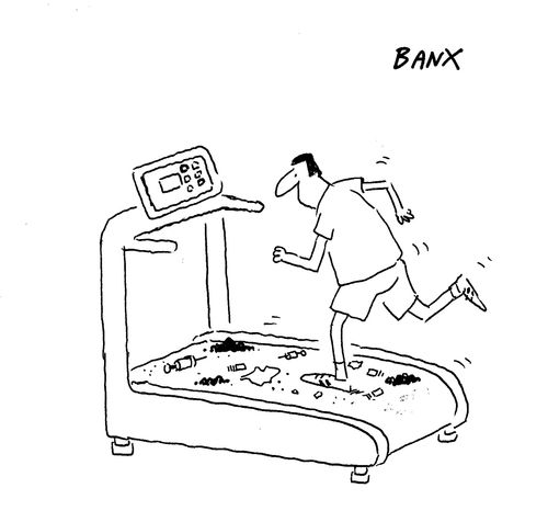 A man running on a treadmill covered in trash and broken needles