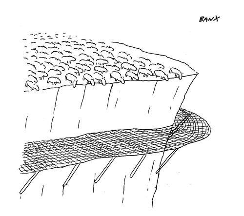 Lemmings look over a cliff at a safety net