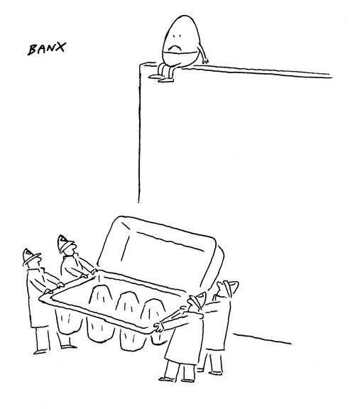 Firemen holding an egg carton out for Humpty Dumpty