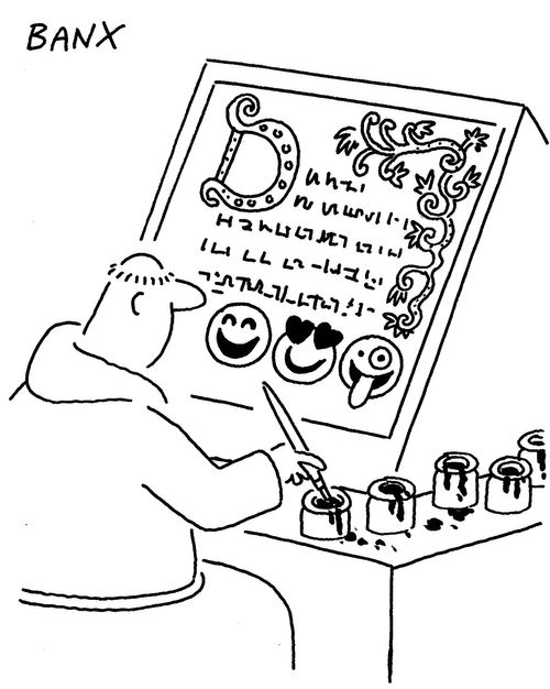 A monk illustrates a manuscript with emojis