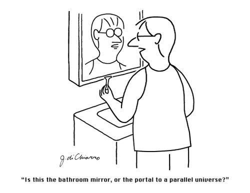 "Is this the bathroom mirror, or the portal to a parallel universe?"