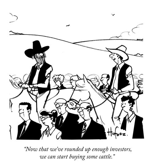 "Now that we've rounded up enough investors, w can start buying some cattle."
