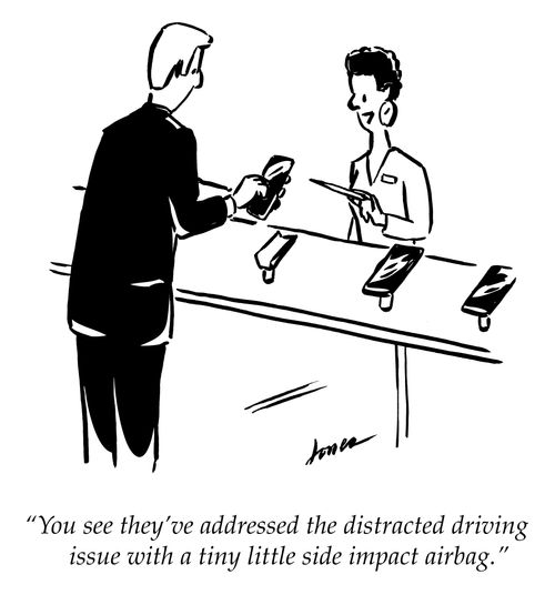 "You see they've addressed the distracted driving issue with a tiny little side impact airbag."