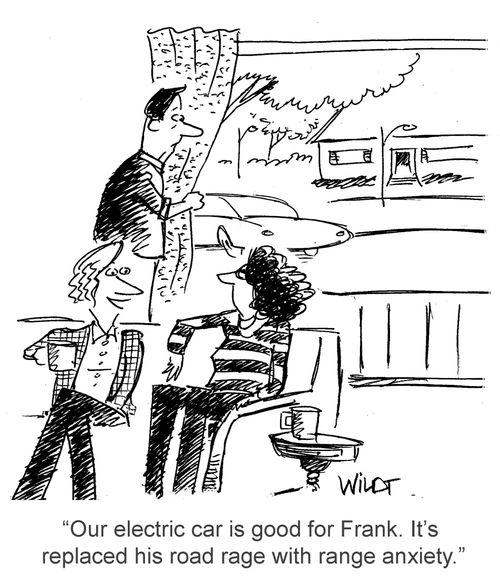 "Our electric car is good for Frank. It's replaced his road rage with range anxiety."